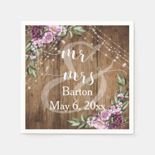 Rustic Wood, White Light Flowers Mr & Mrs Napkin
