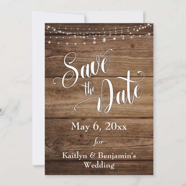Rustic Wood, White Lights & Elaborate Script Save The Date (Front)
