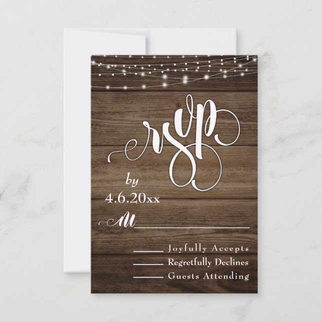 Rustic Wood, White Lights & Script, RSVP Card (Front)