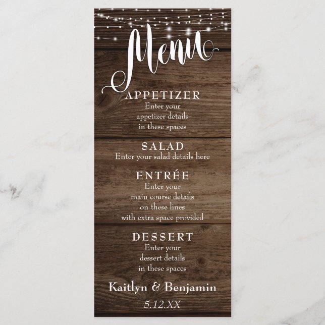 Rustic Wood, White Lights & Script Wedding Menu (Front)