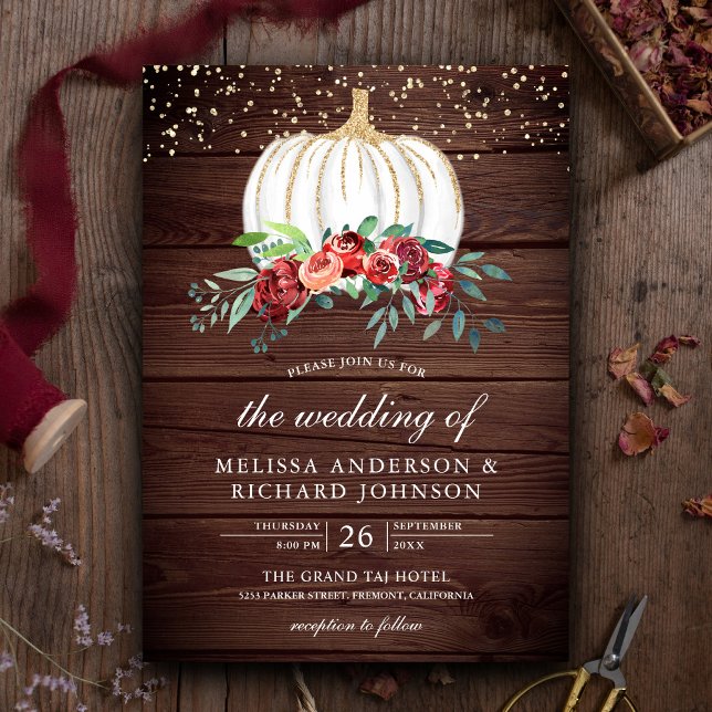 Rustic Wood White Pumpkin Burgundy Floral Wedding Invitation (Creator Uploaded)