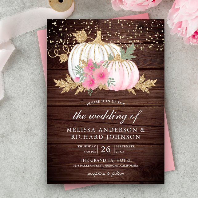 Rustic Wood White Pumpkin Pink Floral Fall Wedding Invitation (Creator Uploaded)