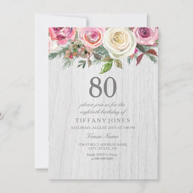 Rustic Wood White Rose Floral 80th Birthday Invite (Front)