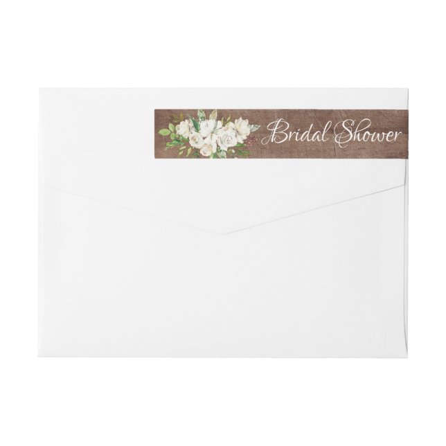Rustic Wood White Rose Flowers Bridal Shower label (Back)