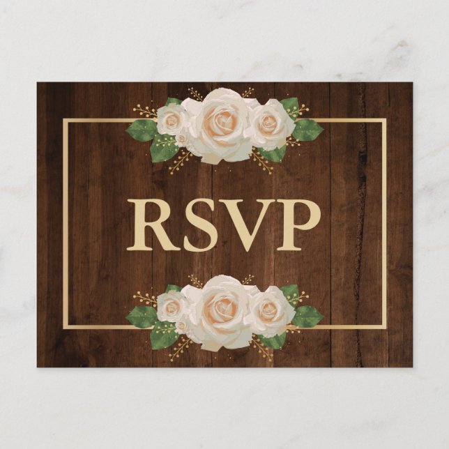 Rustic Wood White Rose Gold Frame | RSVP Meal Invitation Postcard (Front)