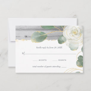 Rustic Wood White Rose Gold Greenery Wedding RSVP Card
