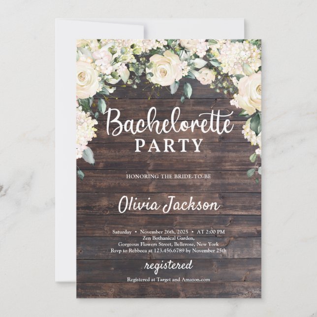 Rustic wood white roses hydrangeas bachelorette invitation (Front)