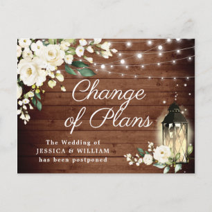 Rustic Wood & White Roses Lantern Change of Plans Postcard
