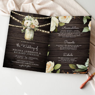 Rustic Wood White Roses Mason Jar QR Code Wedding Invitation