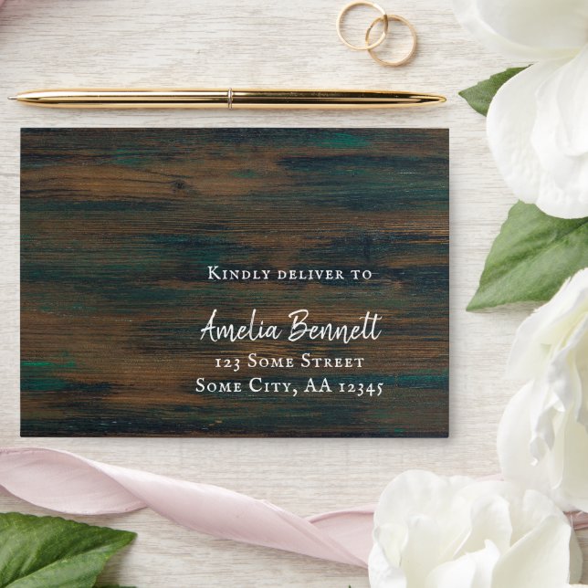 Rustic Wood White Script A7 Return Address Wedding Envelope (Wedding)