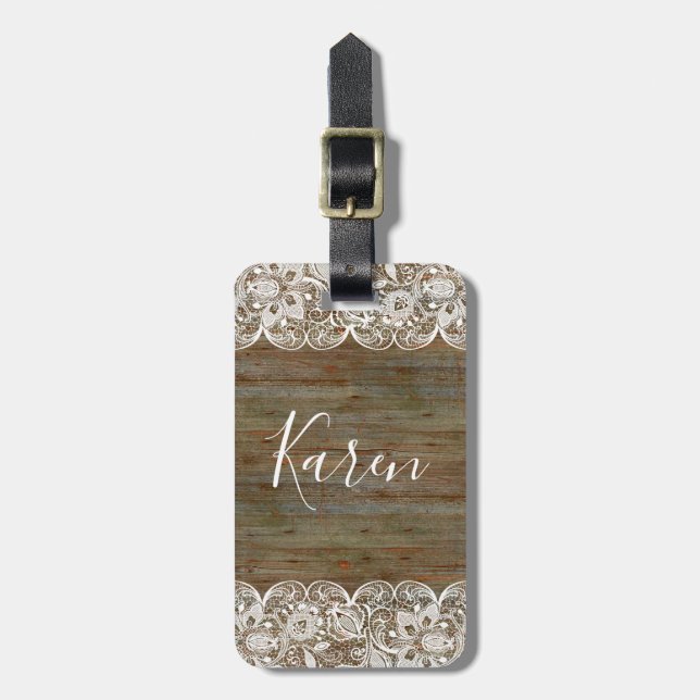 Rustic Wood & White Vintage Lace Monogram Luggage Tag (Front Vertical)
