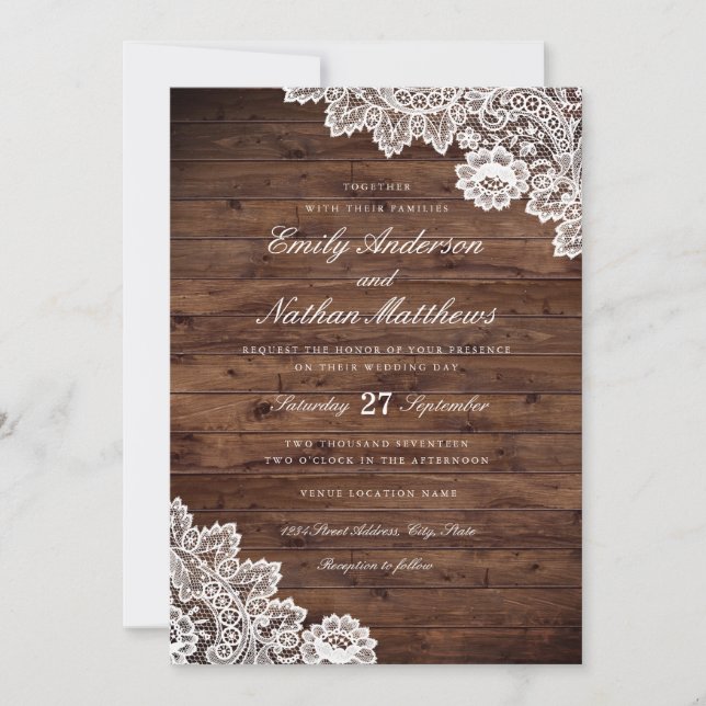 Rustic Wood White Vintage Lace Wedding Invitation (Front)