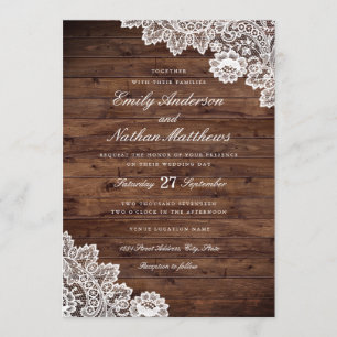 Rustic Wood White Vintage Lace Wedding Invitation