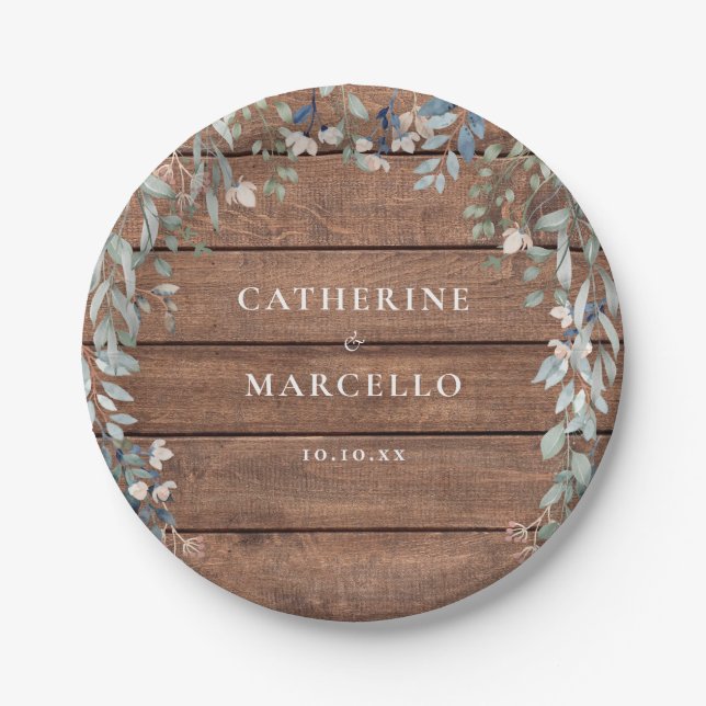 Rustic Wood Wildflowers Floral Cascade Wedding Paper Plate (Front)