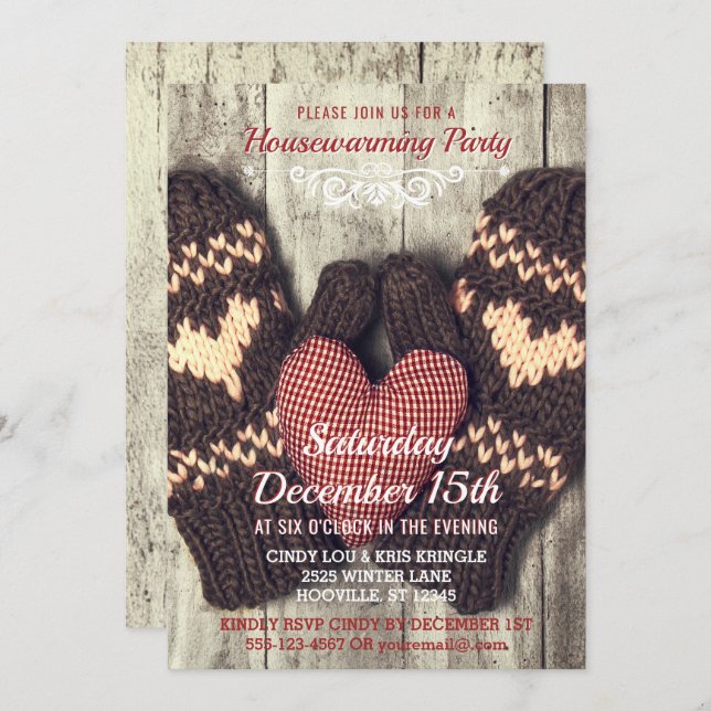 Rustic Wood Winter Mittens Housewarming Party Invitation (Front/Back)