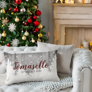 Rustic Wood Winter Pine Trees Burgundy Name Lumbar Pillow