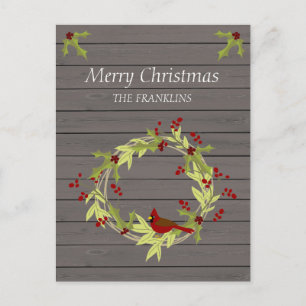 Rustic Wood with Christmas Wreath and Sweet Bird Holiday Postcard