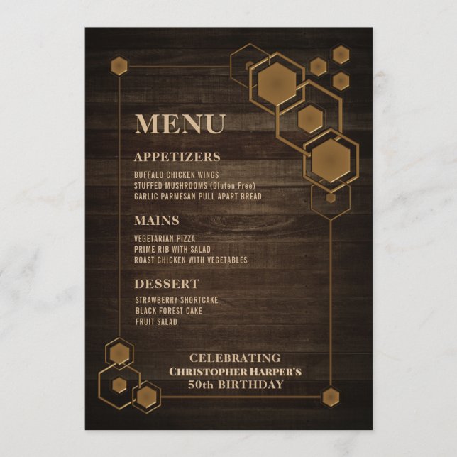 Rustic Wood with Geometric Frame Birthday Menu (Front)