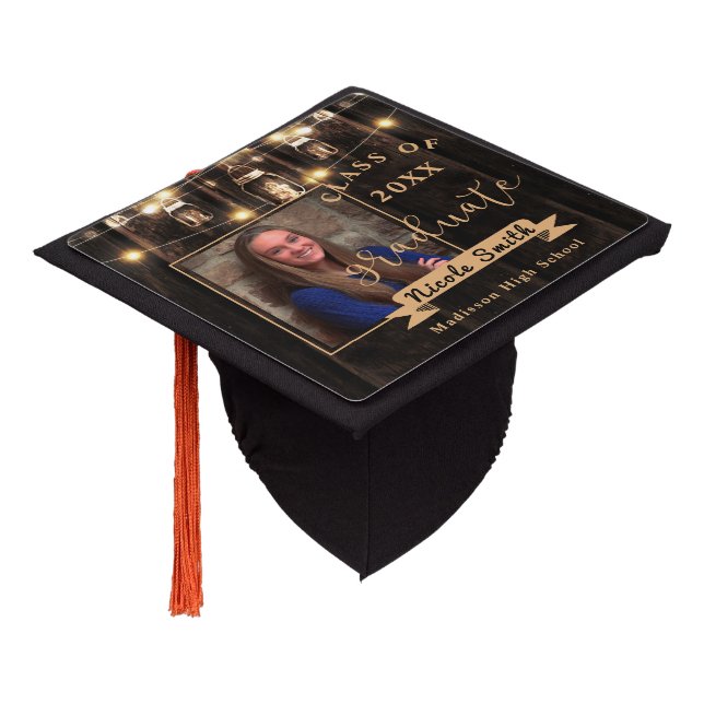 Rustic Wood With String Lights Class Of 2023 Photo Graduation Cap Topper (Angled)