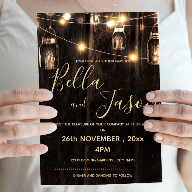 Rustic Wood With String Lights Lanterns Wedding Invitation Postcard (Rustic Wood With String Lights Lanterns Wedding Invitation Postcard)