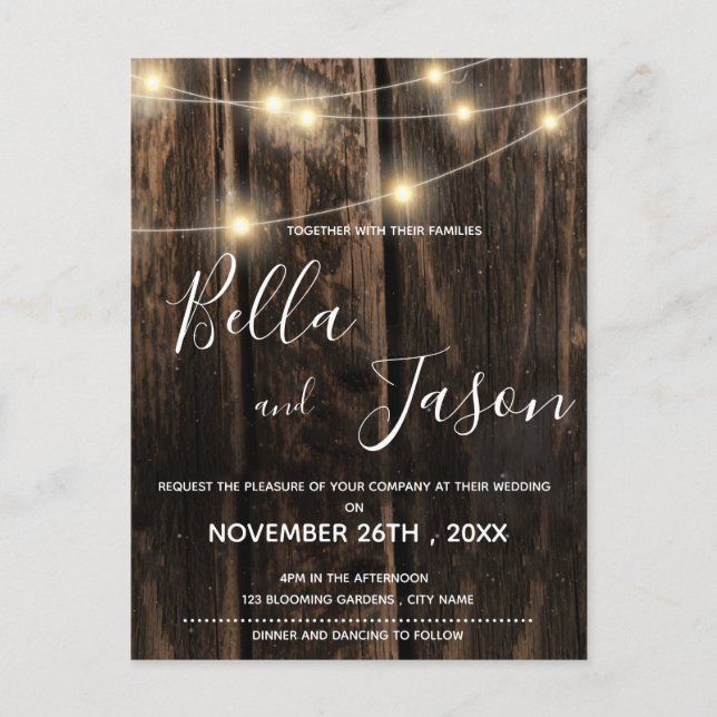 Rustic Wood With String Lights Wedding Invitation Postcard (Front)
