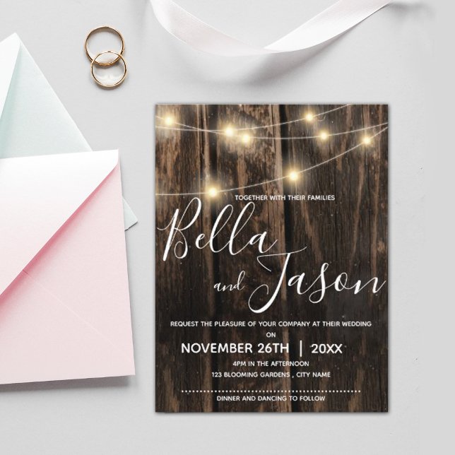 Rustic Wood With String Lights Wedding Invitation Postcard (Creator Uploaded)