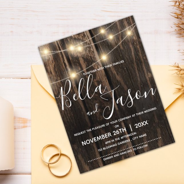 Rustic Wood With String Lights Wedding Invitation Postcard (Creator Uploaded)