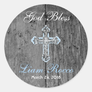 Rustic Wood with Vintage Cross Baptism Classic Round Sticker