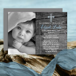 Rustic Wood with Vintage Cross Photo Baptism Invitation<br><div class="desc">Simply add your precious little one's colour or black and white photo and Baptism / Christening details and personalize this rustic wood look with Christian cross design.  Original design by Holiday Hearts Designs (all rights reserved).</div>