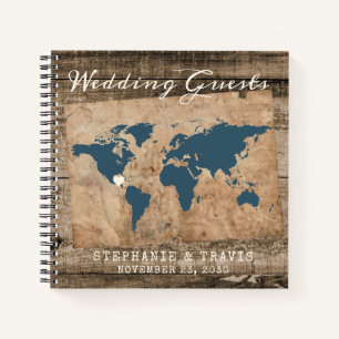 Rustic Wood World Map Beach Destination Guest Book