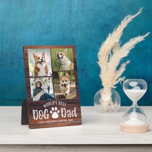Rustic Wood WORLDS BEST DOG DAD 4 Photo Collage Plaque (Side)