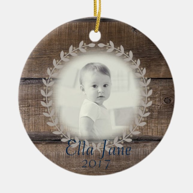 Rustic Wood Wreath Custom Photo Ornament (Front)