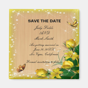 Rustic Wood Yellow Floral Butterfly Save The Date Magnet