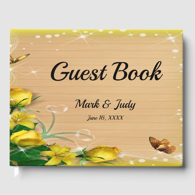 Rustic Wood Yellow Floral Butterfly Wedding Guest Book (Front)