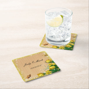 Rustic Wood Yellow Floral Butterfly Wedding Square Paper Coaster