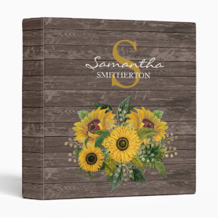 Rustic Wood Yellow Sunflowers Country Monogram Binder