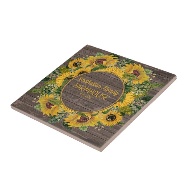 Rustic Wood Yellow Sunflowers Family Farmhouse  Tile (Side)