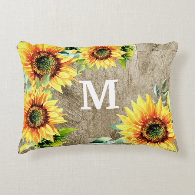 Rustic Wood Yellow Sunflowers Monogram Initial Accent Pillow (Front)