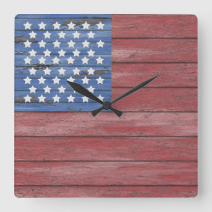 Rustic Wooden Barn Wall American Flag Patriotic Square Wall Clock