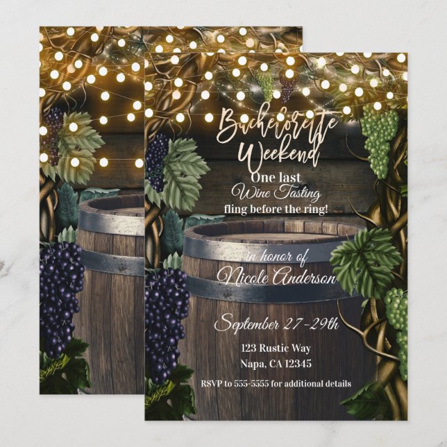 Rustic Wooden Barrel Grape Bachelorette Weekend Invitation (Front/Back)