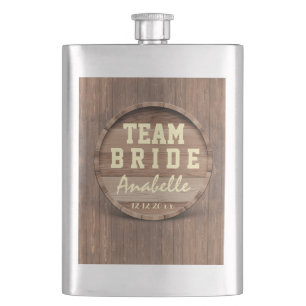 Rustic Wooden Barrel Wedding favour TEAM BRIDE Hip Flask