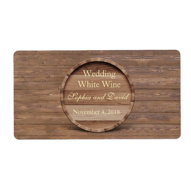 Rustic Wooden Barrel Wedding Wine Label (Front)