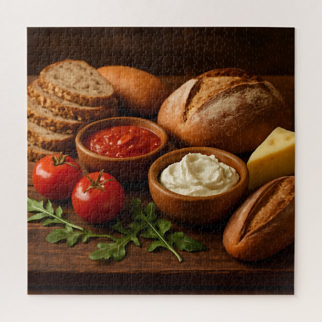 Rustic wooden board with artisan breads cheese jigsaw puzzle (Vertical)