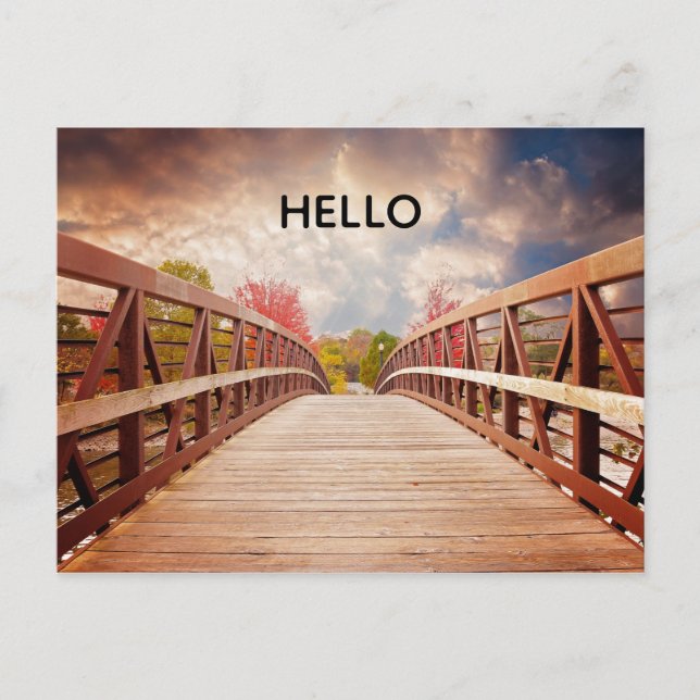 Rustic Wooden Bridge in the Country Hello Postcard (Front)