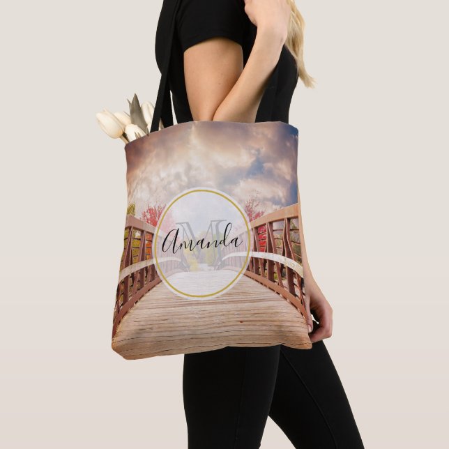 Rustic Wooden Bridge in the Country Monogram Tote Bag (Close Up)