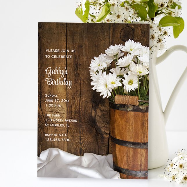 Rustic Wooden Bucket Daisies Barn Birthday Party Invitation (Creator Uploaded)