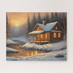 Rustic Wooden Cabin in the Winter Forest Jigsaw Puzzle