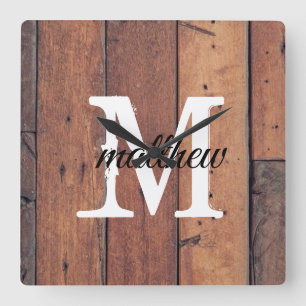 Rustic Wooden Country Farmhouse Brown Monogram Square Wall Clock