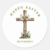 Rustic Wooden cross He is Risen Label / Seal