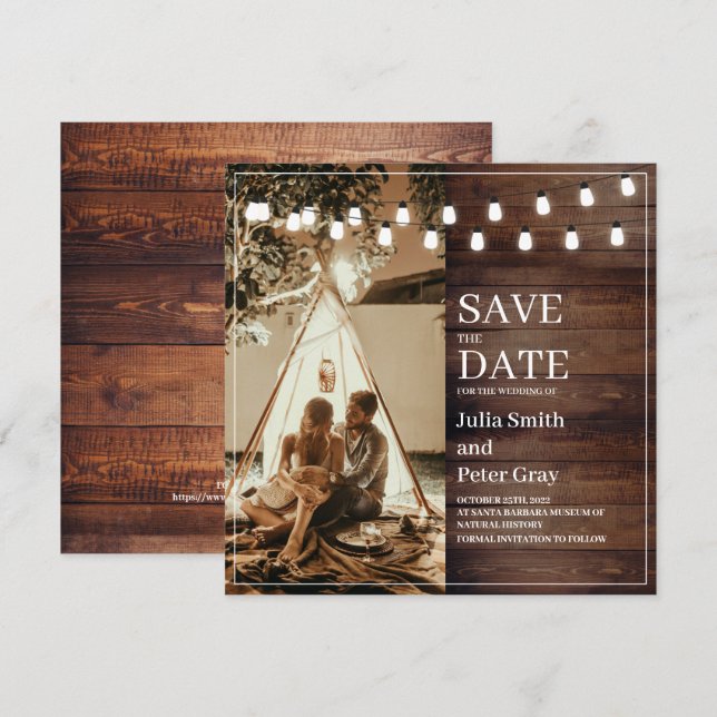 Rustic Wooden Custom Photo Square Save The Date Invitation (Front/Back)